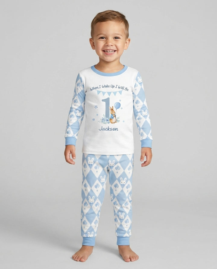 Custom Name When I Wake Up Bunny Birthday Bamboo Two Piece Long Sleeve Pajama Set