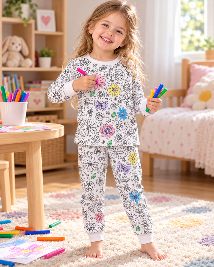 Florales flatterndes ausmalbares zweiteiliges Pyjama-Set aus Bambus