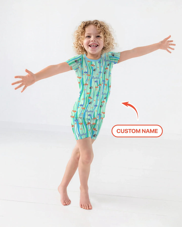 Custom Name Summer Beach Bamboo Two Piece Short Sleeve Shorts Pajama Set