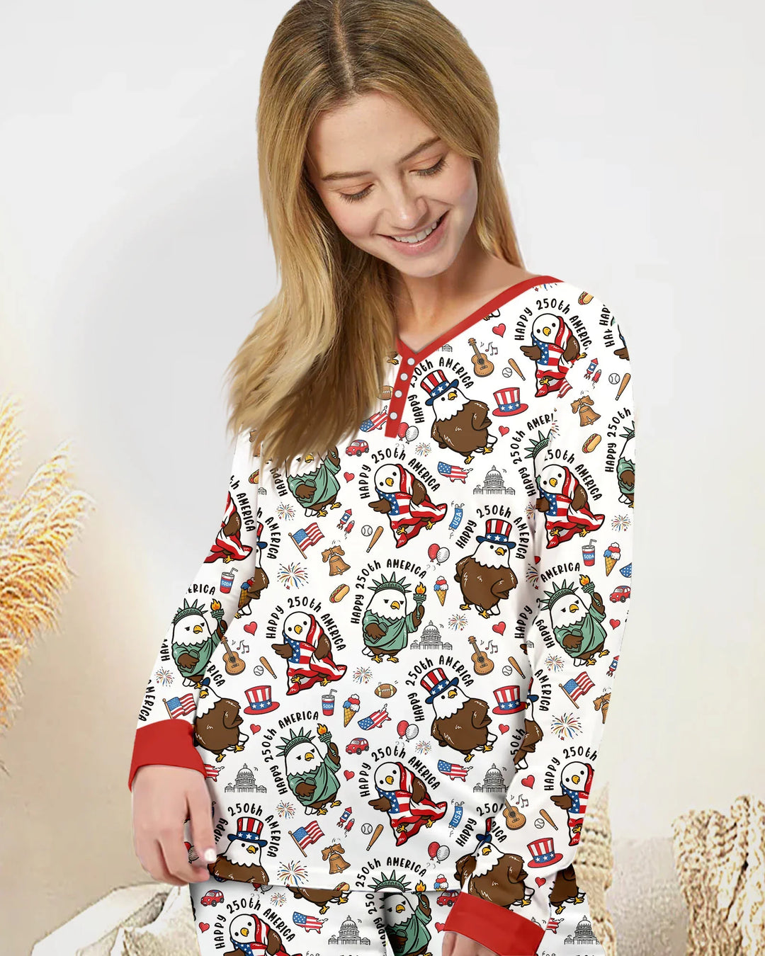 Nettes, patriotisches Eagles Family Matching Bambus-Damenpyjama-Set zum 250. Geburtstag Amerikas