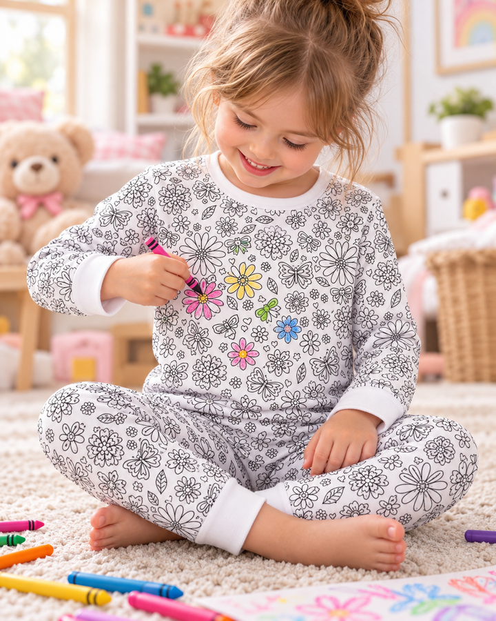 Florales flatterndes ausmalbares zweiteiliges Pyjama-Set aus Bambus