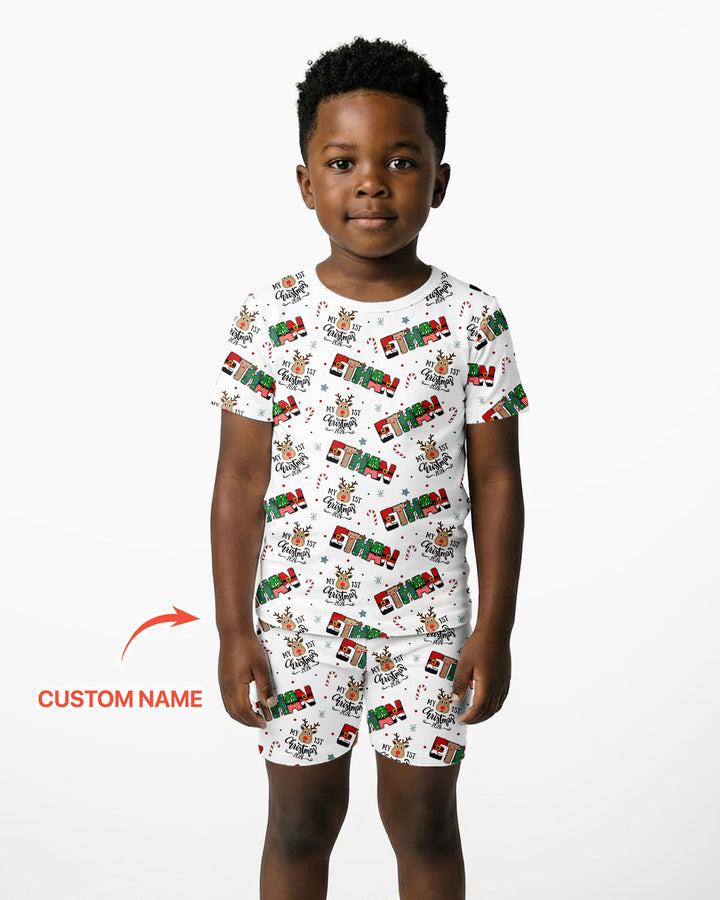 Custom Name My First Christmas 2026 Bamboo Two Piece Short Sleeve Shorts Pajama Set (G)