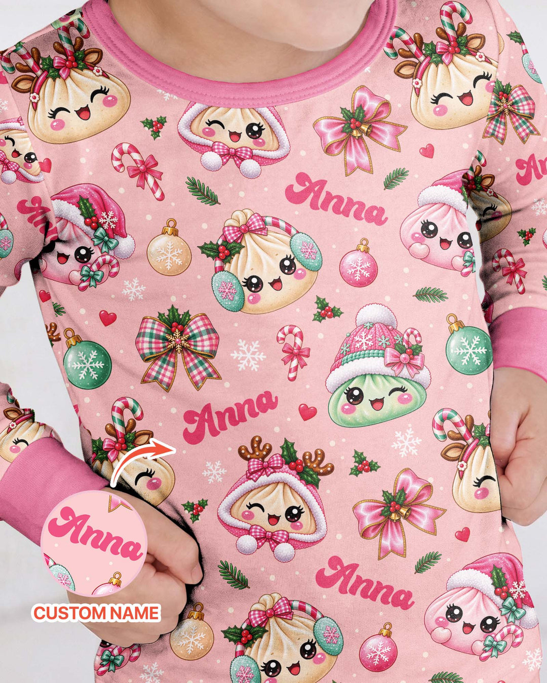 Custom Name Kawaii Christmas Dumpling Bamboo Two Piece Long Sleeve Pajama Set