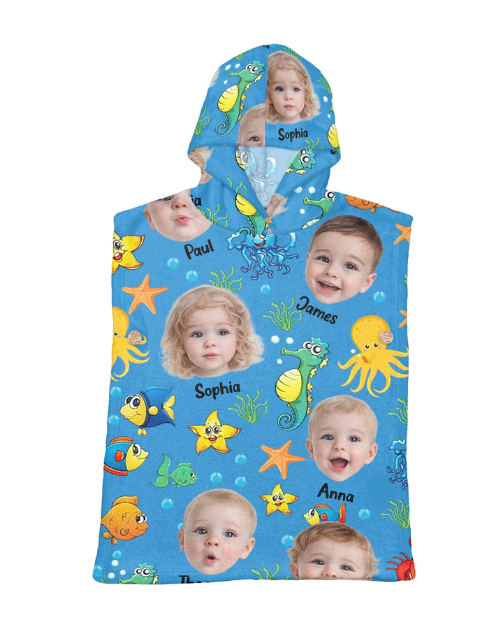 Individuelles Foto Süßes Kindergesicht Aquarell Meerestiere Sommerlicher Bambus-Badeponcho
