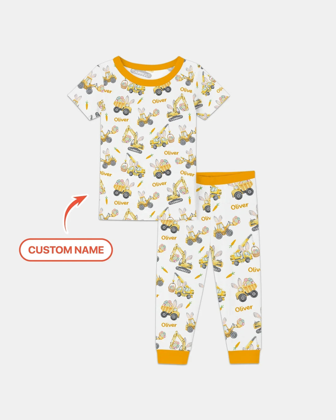 Custom Name Eggs-cavator Construction Bamboo Two Piece Short Sleeve Pajama Set