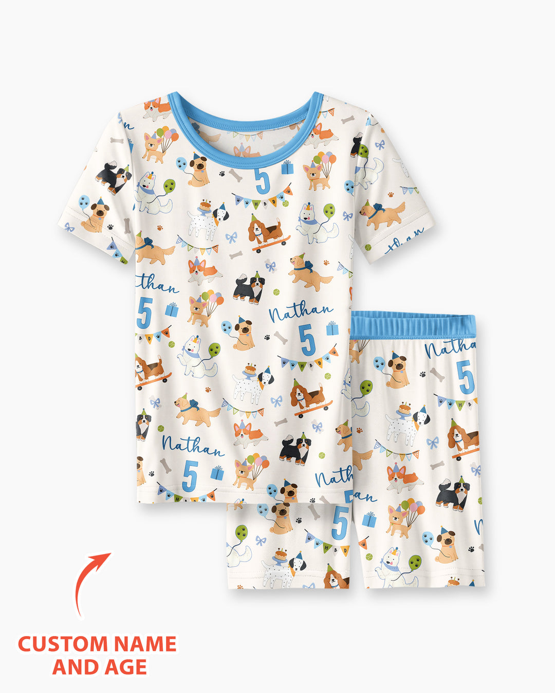 Custom Name Birthday Dogs Party Bamboo Two Piece Short Sleeve Shorts Pajama Set