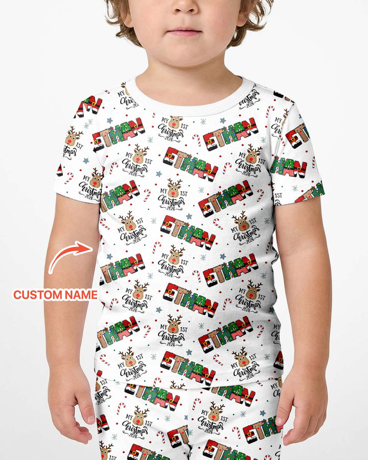 Custom Name My First Christmas 2026 Bamboo Two Piece Short Sleeve Shorts Pajama Set (G)