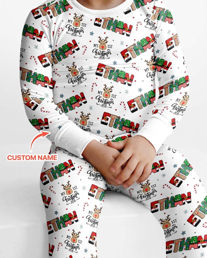 Custom Name My First Christmas 2026 Bamboo Two Piece Long Sleeve Pajama Set (G)