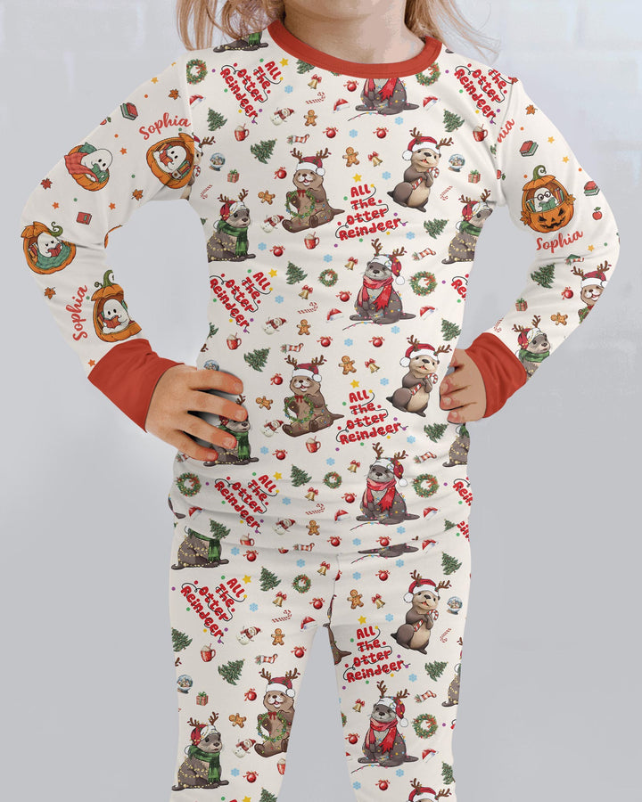 All The Otter Reindeer Bamboo Two Piece Long Sleeve Pajama Set