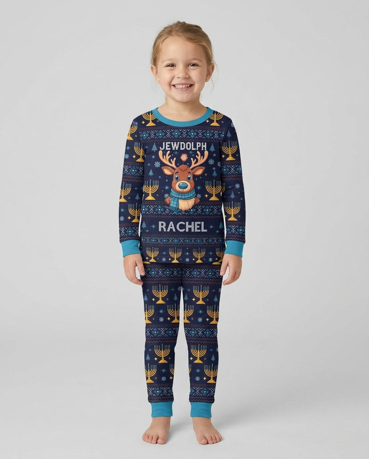 Custom Name Jewdolph Hanukkah Bamboo Two Piece Long Sleeve Pajama Set
