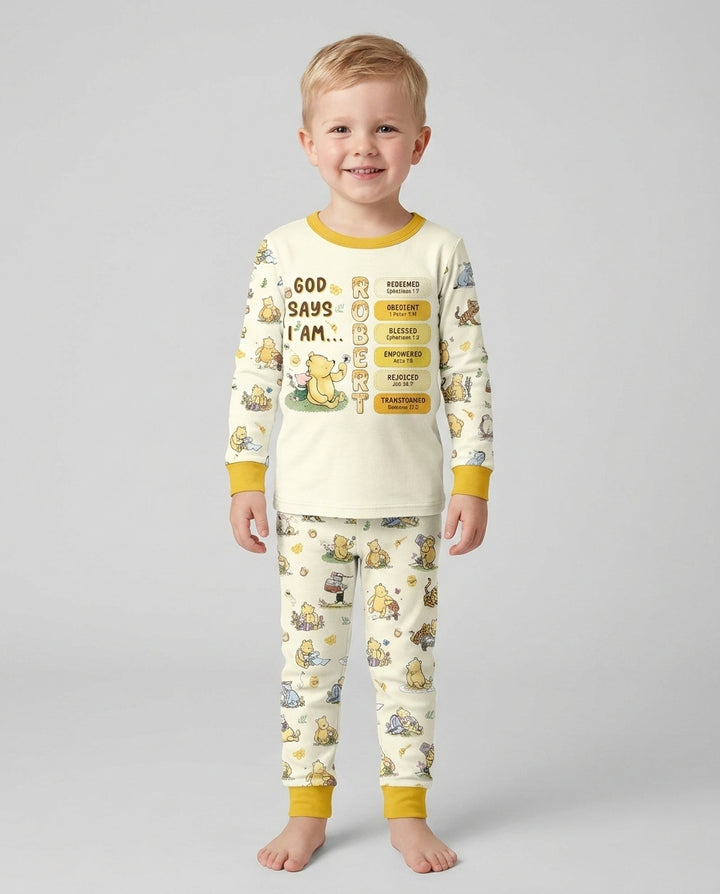 Personalized God Says I Am – Beloved Bear Bamboo Two Piece Long Sleeve Pajama Set