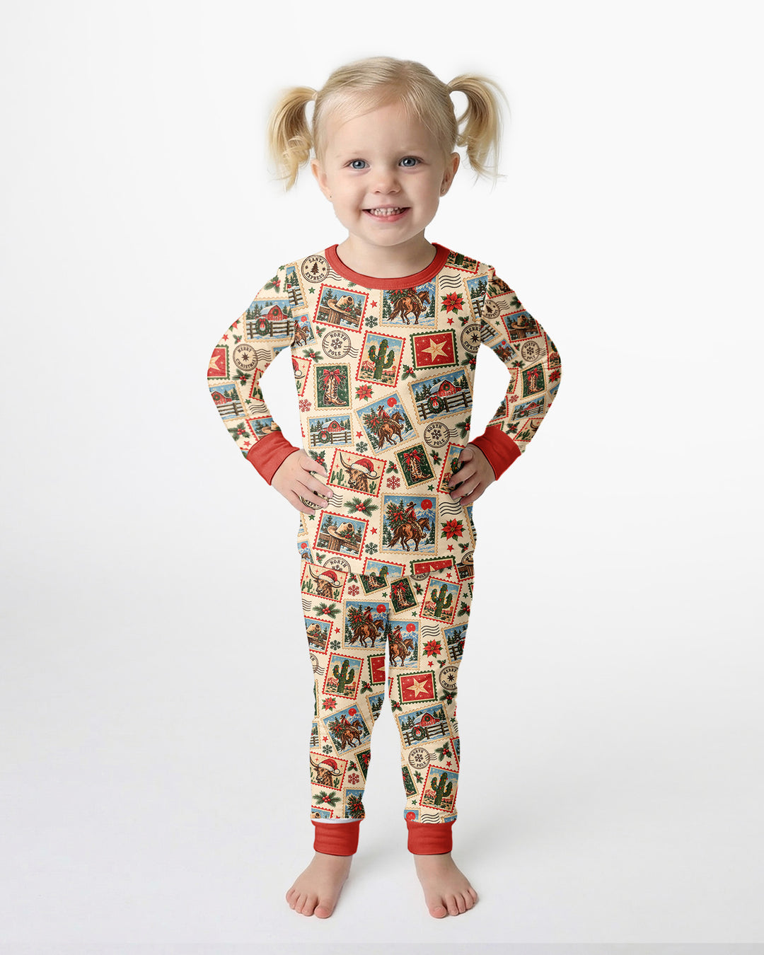 Western Christmas Stamps Bamboo Two Piece Long Sleeve Pajama Set