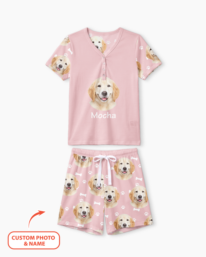 Custom Photo Pet Faces Pajamas Bamboo Women Short Sleeve Short Pajama Set