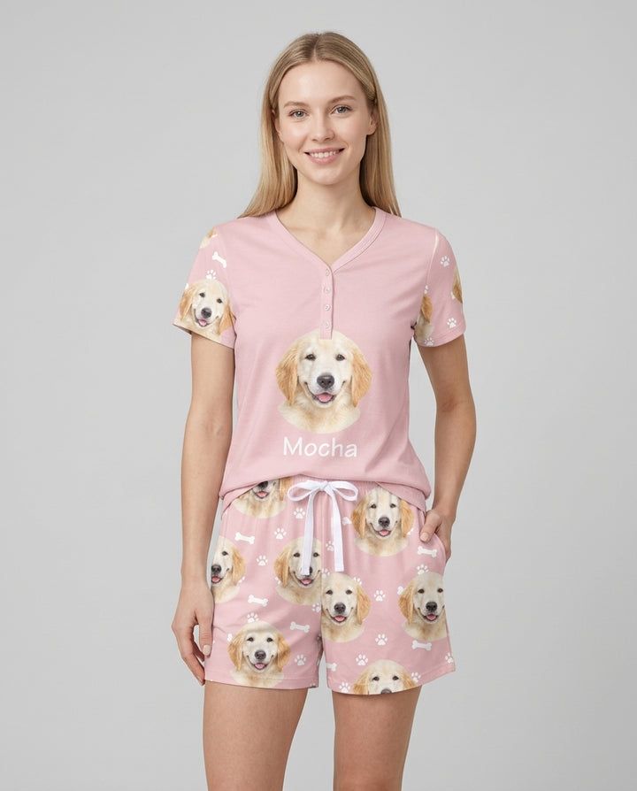 Custom Photo Pet Faces Pajamas Bamboo Women Short Sleeve Short Pajama Set
