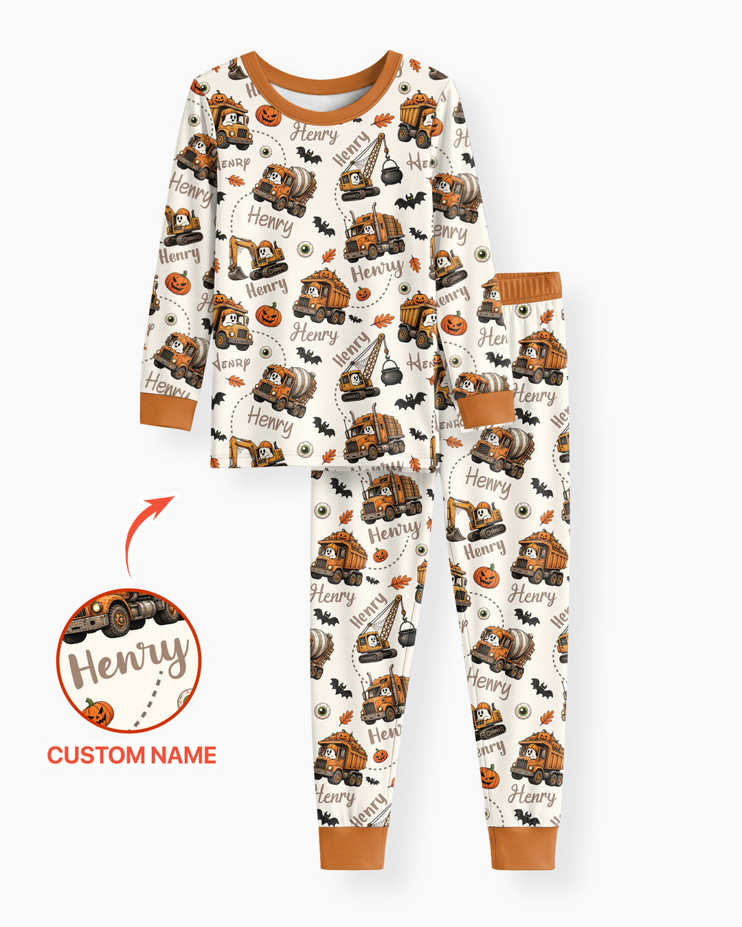 Spooky Trucks Custom Name Bamboo Two Piece Long Sleeve Pajama Set