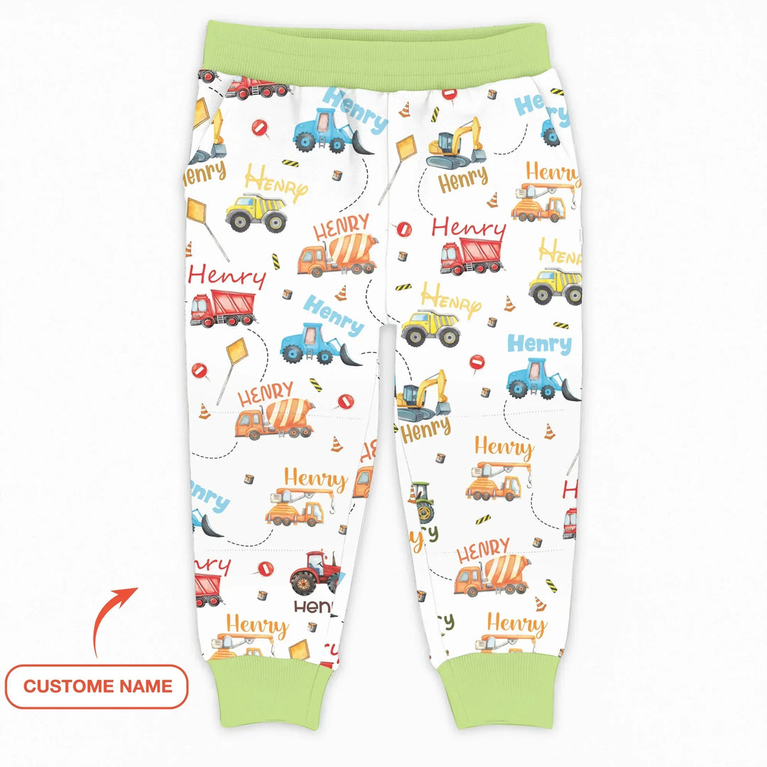 Bambus-Jogginghose mit personalisiertem Namen und Baufahrzeug-Design