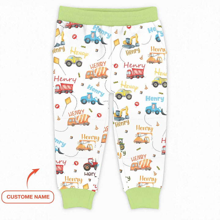 Bambus-Jogginghose mit personalisiertem Namen und Baufahrzeug-Design
