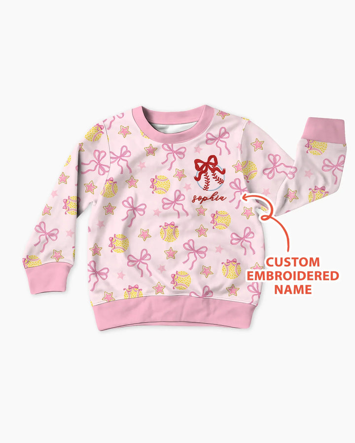 Custom Embroidered Softball Bow Baby Bamboo Crewneck Sweatshirt
