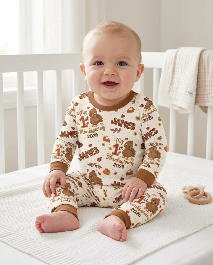 Custom Name My 1st Thanksgiving 2026 Bamboo Two Piece Long Sleeve Pajama Set