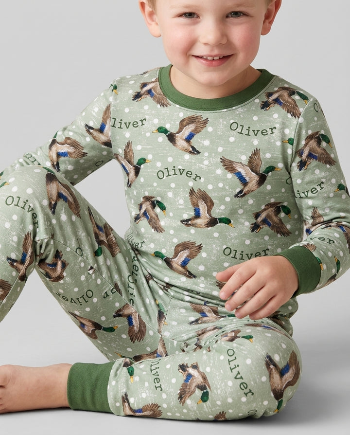 Custom Name Flying Mallard Duck Bamboo Two Piece Long Sleeve Pajama Set