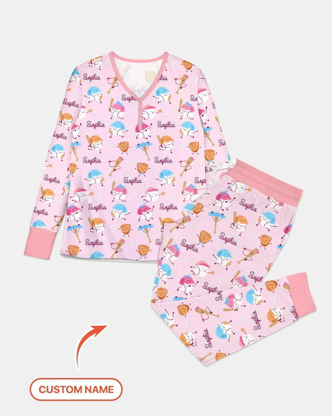 Kundenspezifischer Name Ballparl Familie Passender Bambus Damen Pyjama Set