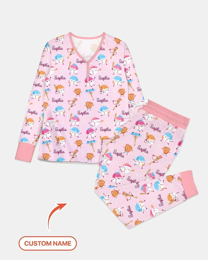 Kundenspezifischer Name Ballparl Familie Passender Bambus Damen Pyjama Set