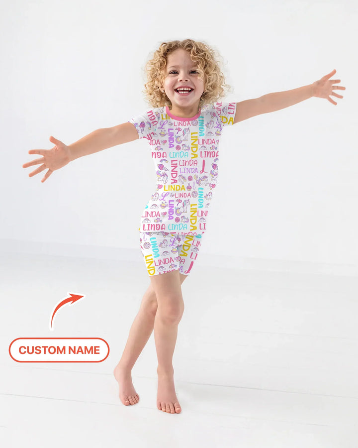 Personalized Fantasy Unicorn Word Bamboo Two Piece Short Sleeve Shorts Pajama Set