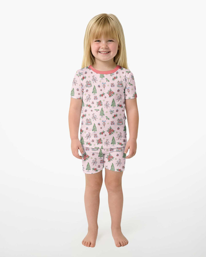 Watercolor Pink Christmas Holidays Christmas Tree Gifts Candy Cane Bamboo Two Piece Short Sleeve Shorts Pajama Set