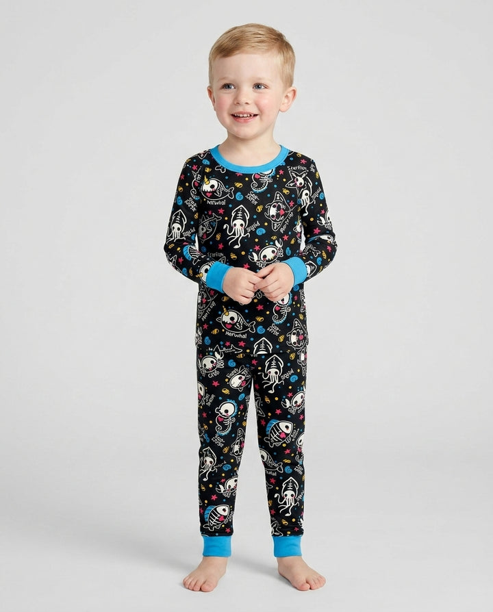 Kawaii Skeleton Ocean Animals Bamboo Two Piece Long Sleeve Pajama Set
