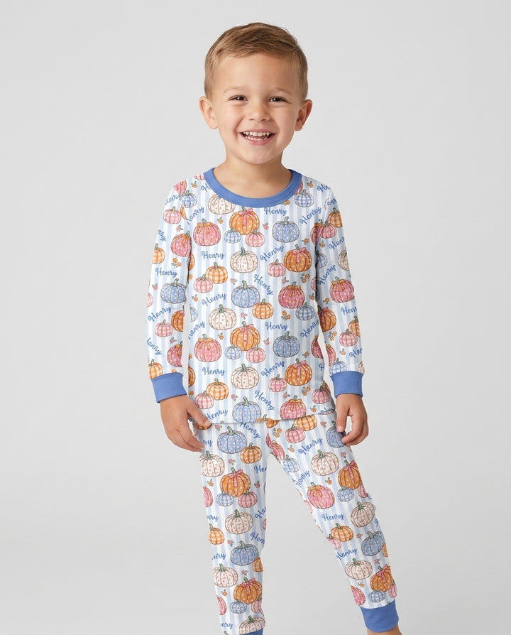 Custom Name Pumpkin Patch Bamboo Two Piece Long Sleeve Pajama Set