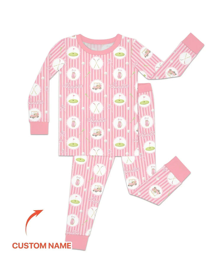 Custom Name Pink Golf Girl Bamboo Two Piece Long Sleeve Pajama Set
