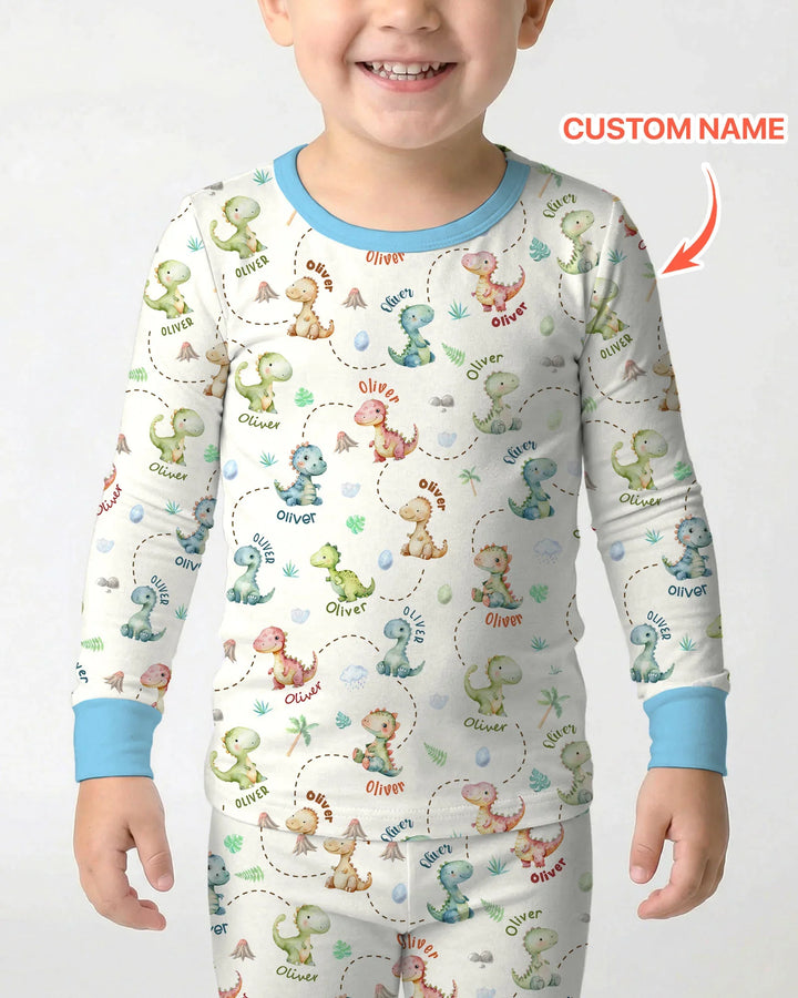 Personalized Dino Friends Bamboo Two Piece Long Sleeve Pajama Set