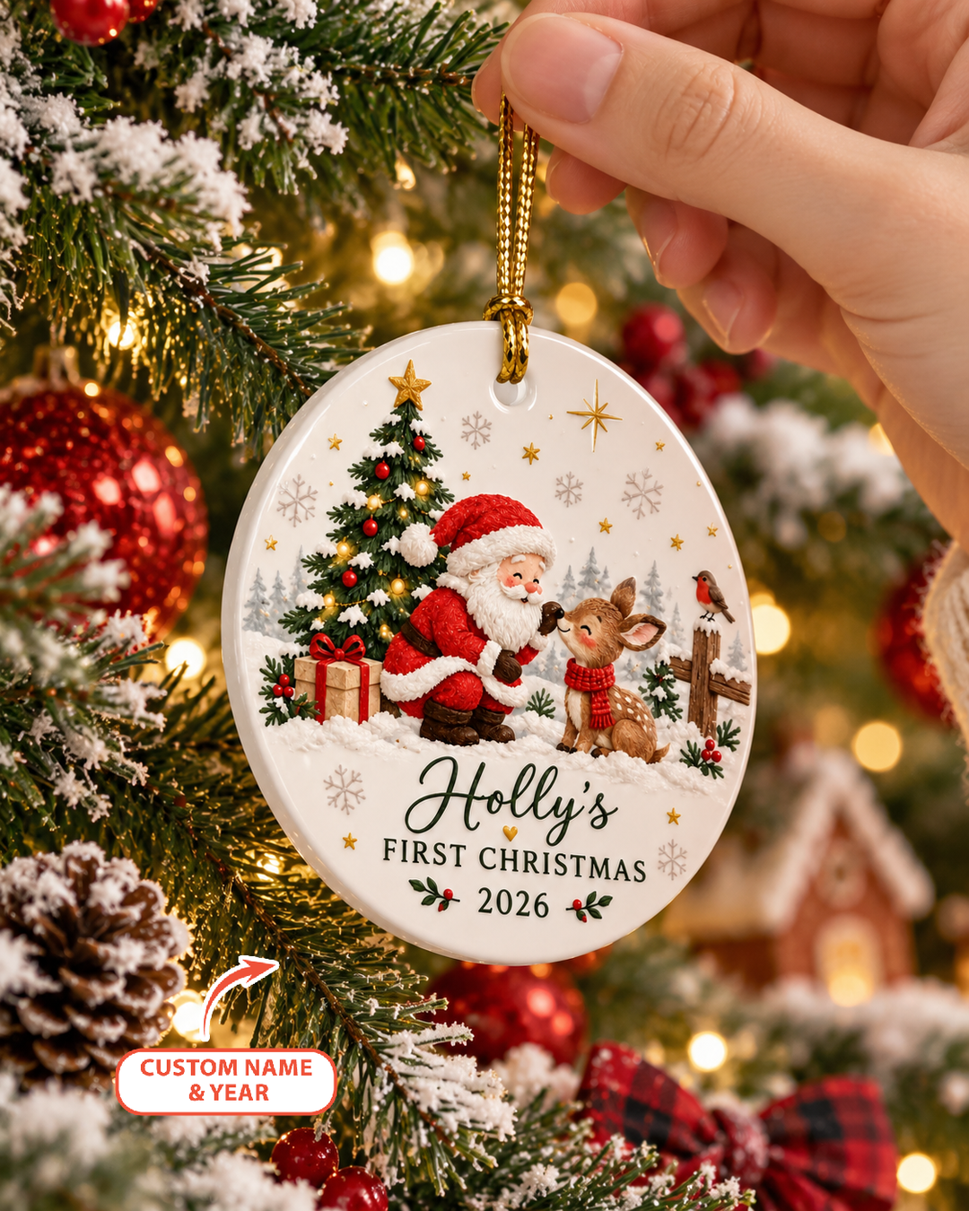 Custom Santa Reindeer Ceramic Ornament