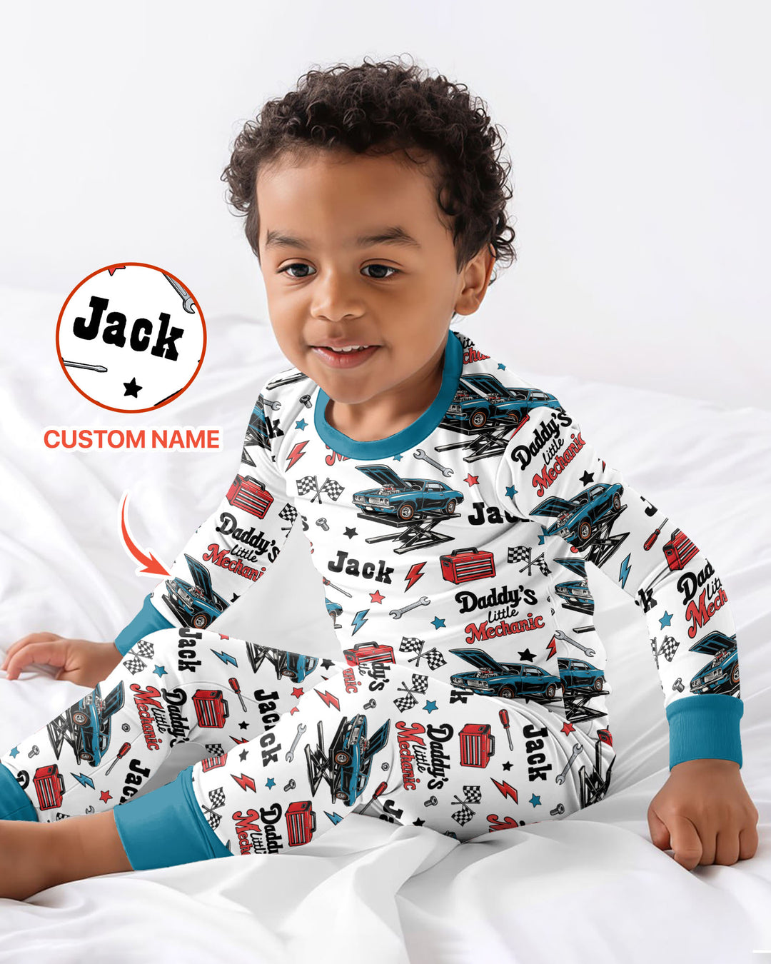 Custom Name Daddy's Little Mechanic Bamboo Two Piece Long Sleeve Pajama Set