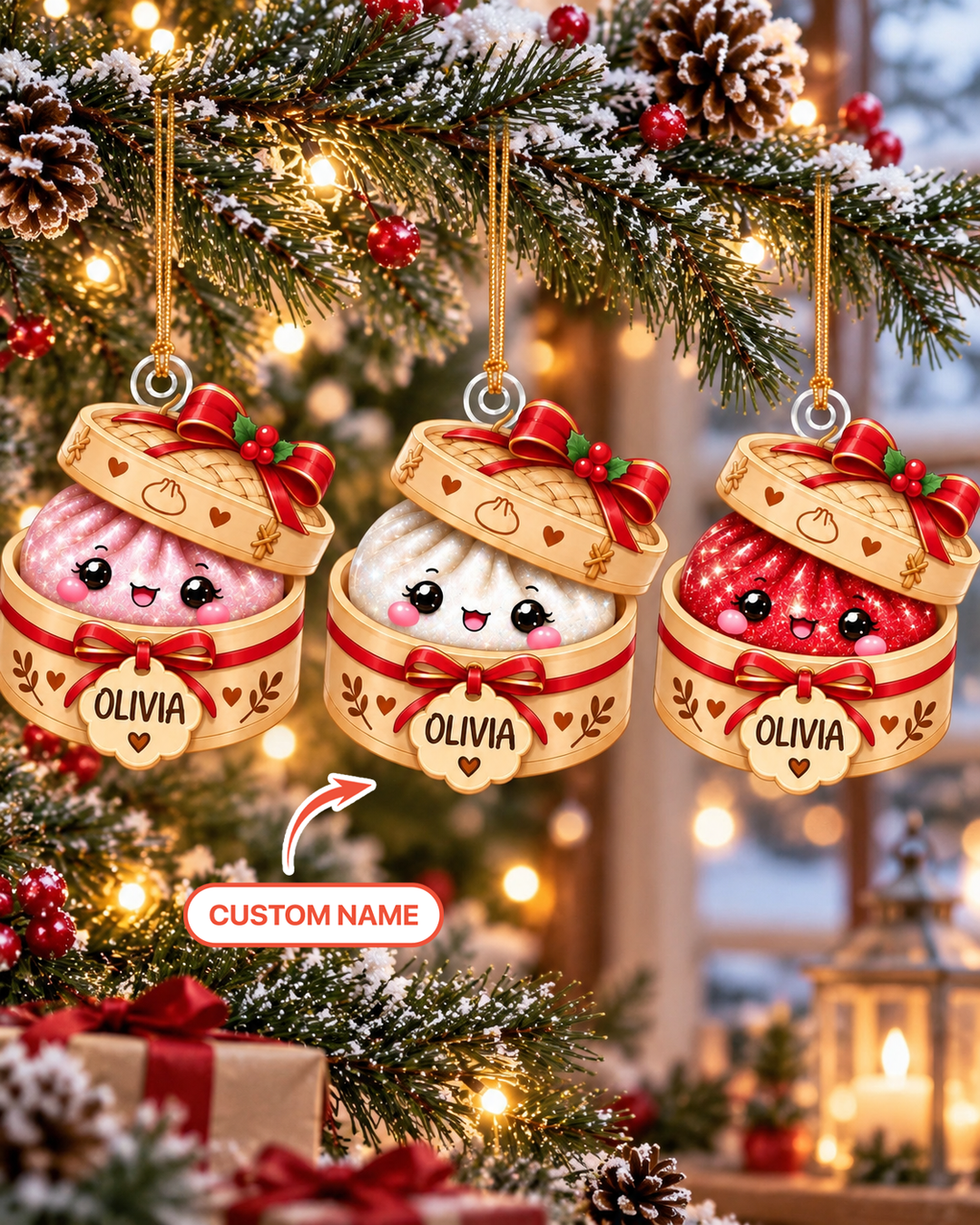 Custom Name Glitter Dumpling Christmas Acrylic Ornament