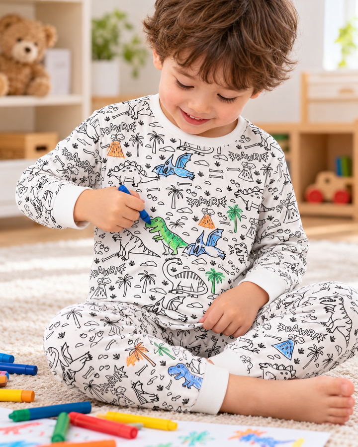 Zweiteiliger Schlafanzug aus Bambus zum Ausmalen mit Jurassic Playground-Motiv