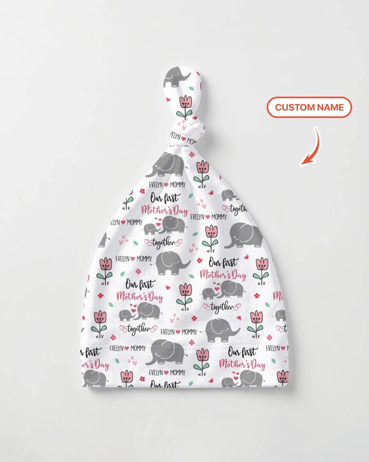 Custom Name Elephant Our First Mother's Day Bamboo Knotted Hat