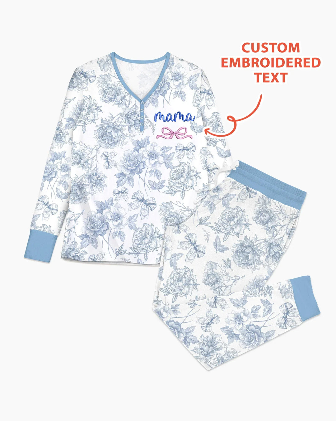 Maßgeschneidertes, besticktes „Mommy and Me“ Toile de Jouy Schlafanzugset aus Bambus für Damen