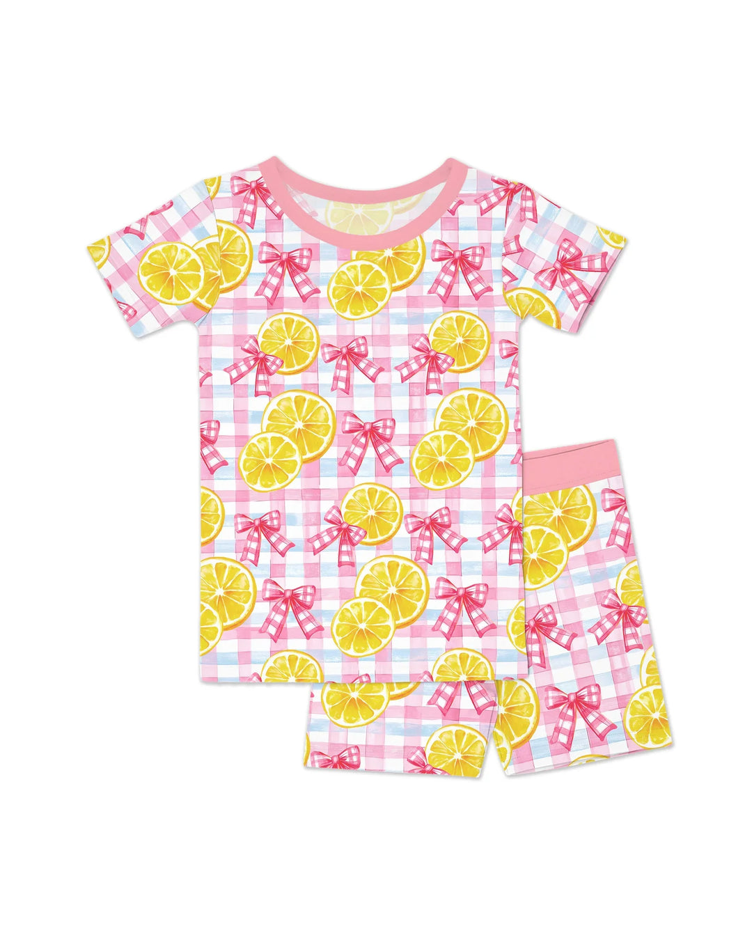 Pink Lemons Bows Checkered Bamboo Two Piece Short Sleeve Shorts Pajama Set