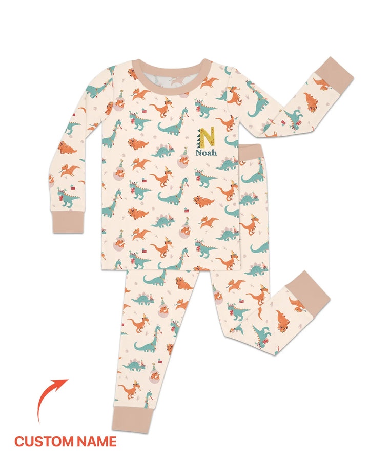 Custom Embroidered Name Dinosaurs Bamboo Two Piece Long Sleeve Pajama Set