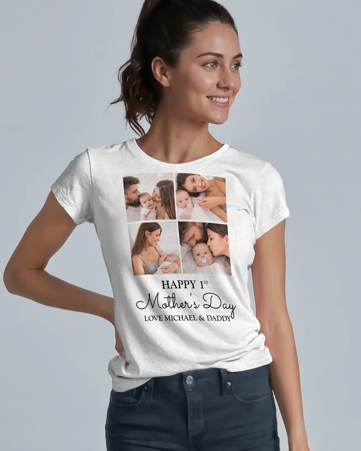 Personalisierbares Frauen-T-Shirt mit Fotocollage zum ersten Muttertag für frischgebackene Mütter