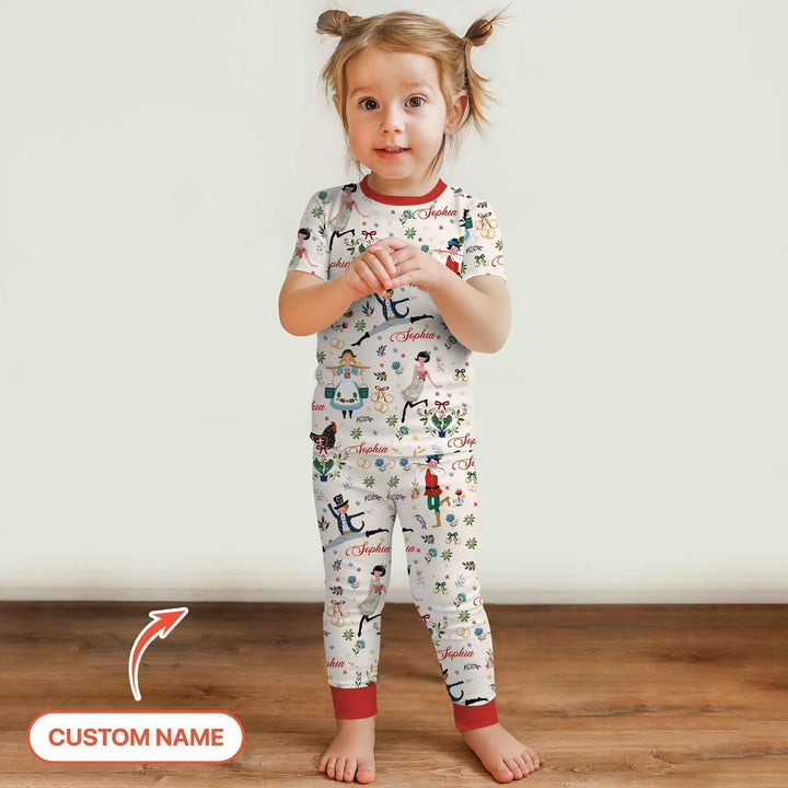 12 Days Of Christmas Custom Name Two Piece Short Sleeve Pajama Set , 12 Days Of Christmas Custom Name Two Piece Short Sleeve Pajama Set - 12-18M / Girl