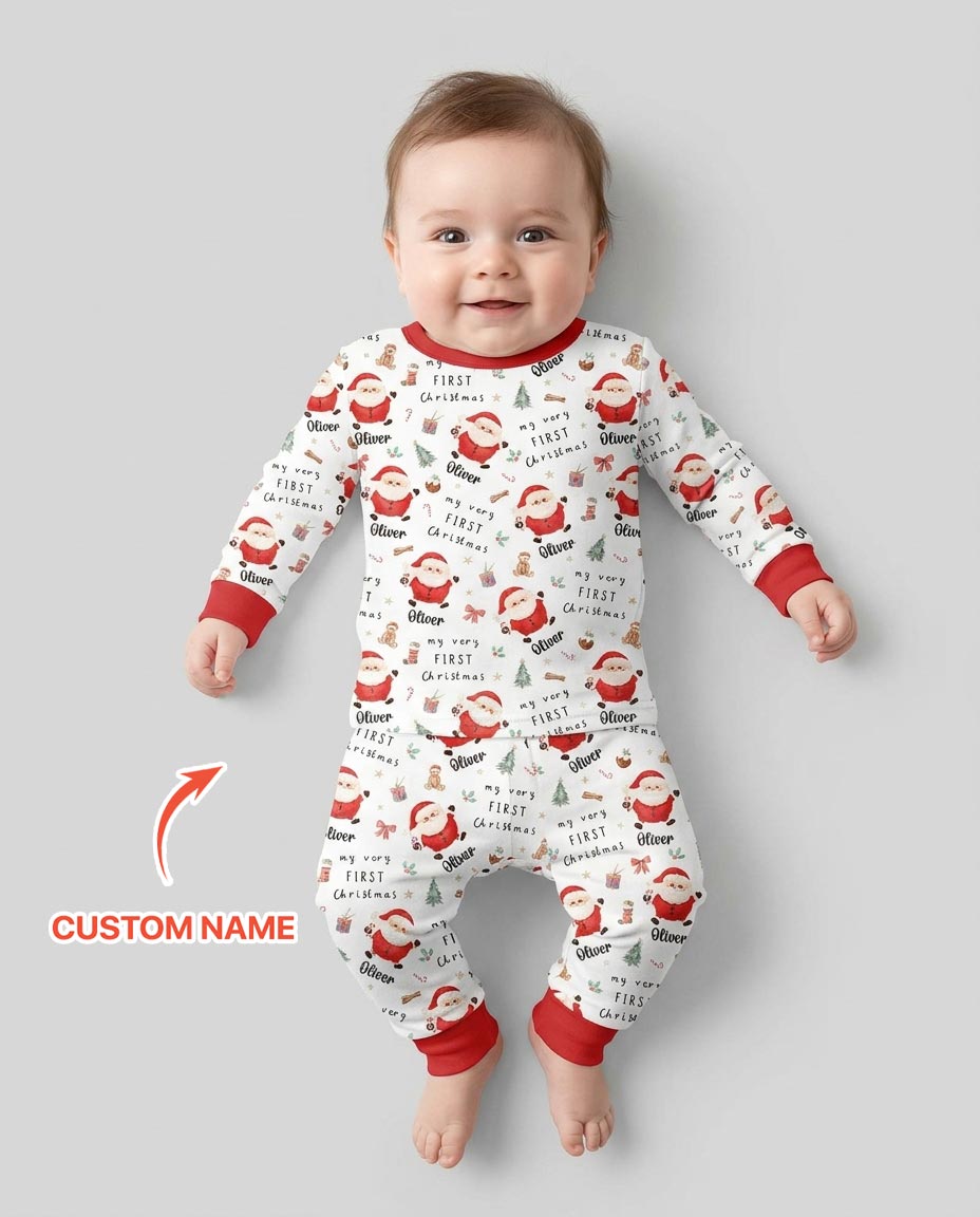 Custom Name My Very First Christmas Santa  Bamboo Two Piece Long Sleeve Pajama Set