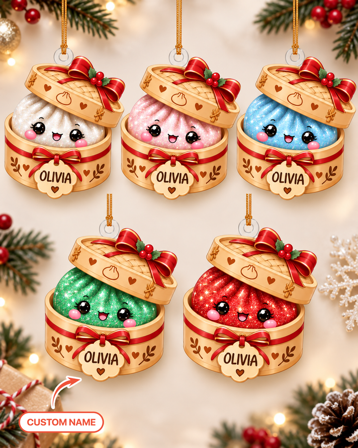 Custom Name Glitter Dumpling Christmas Acrylic Ornament
