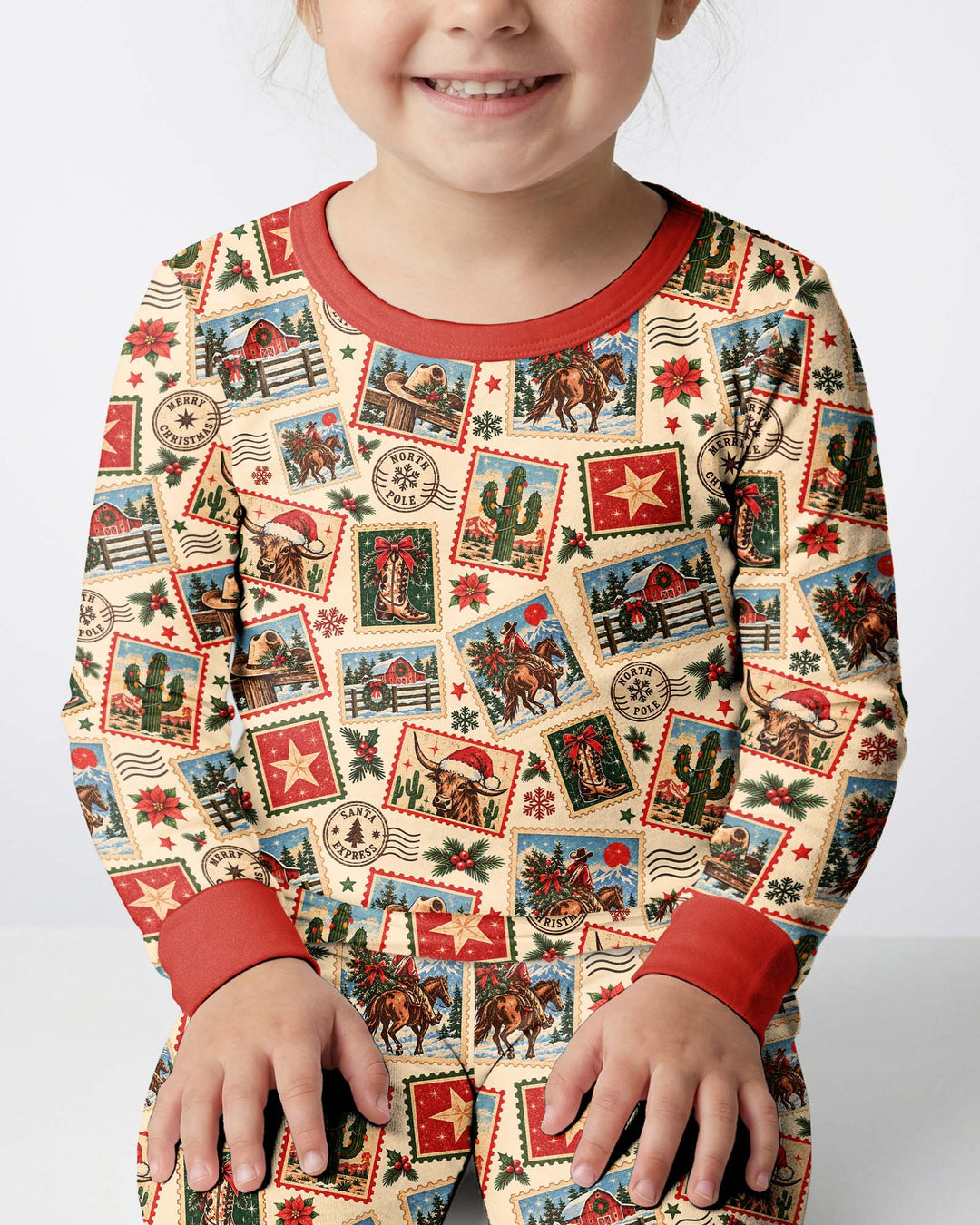 Western Christmas Stamps Bamboo Two Piece Long Sleeve Pajama Set