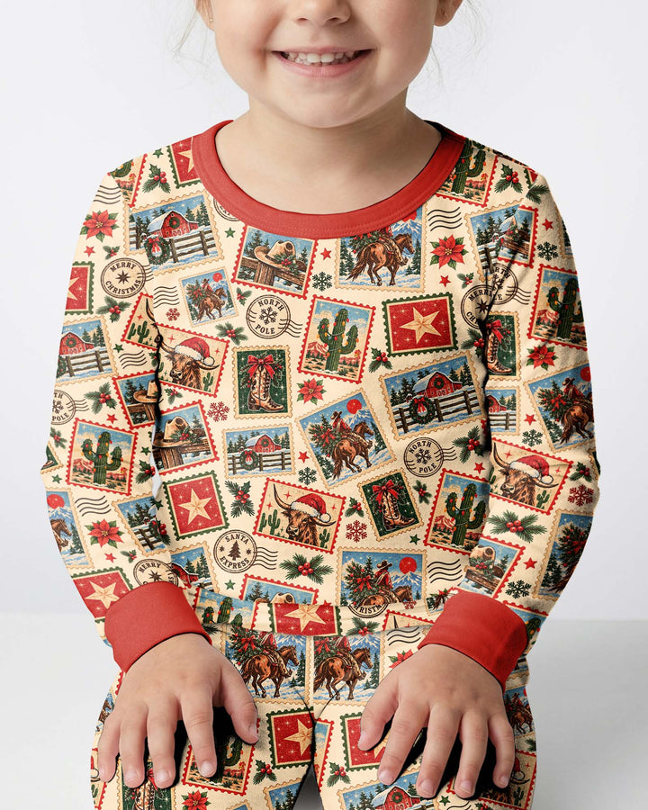 Western Christmas Stamps Bamboo Two Piece Long Sleeve Pajama Set