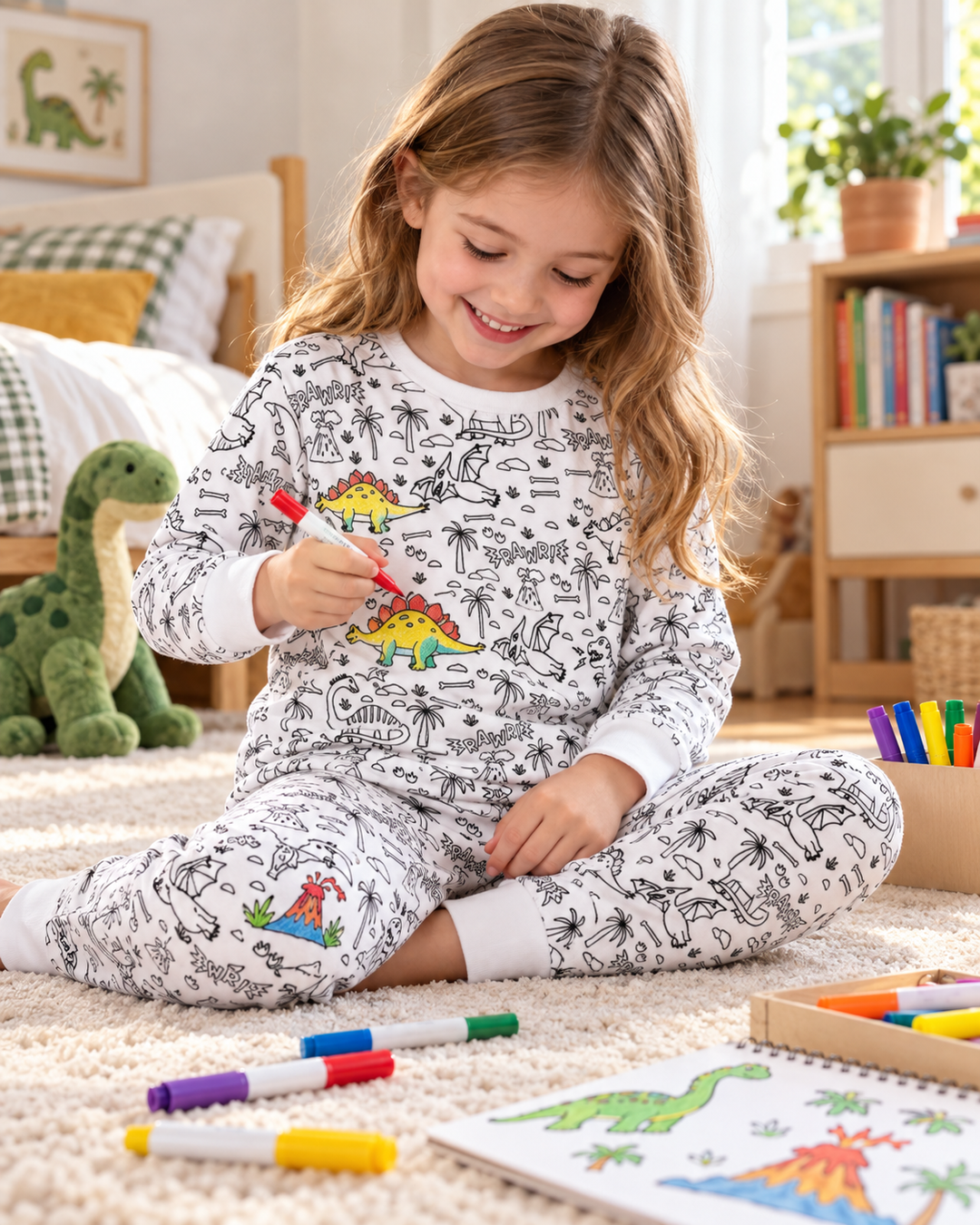 Zweiteiliger Schlafanzug aus Bambus zum Ausmalen mit Jurassic Playground-Motiv