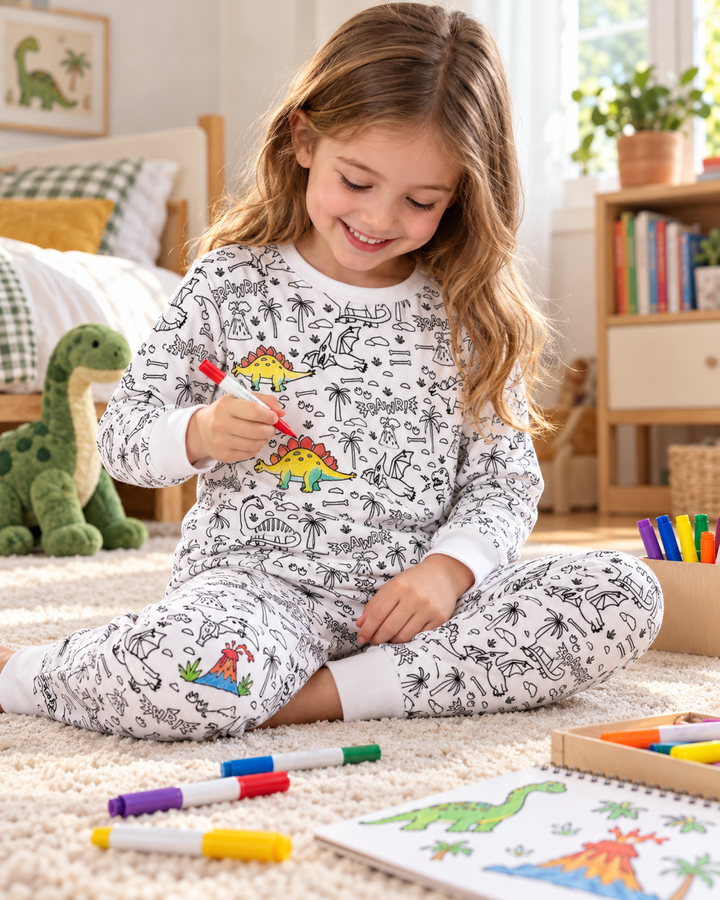 Zweiteiliger Schlafanzug aus Bambus zum Ausmalen mit Jurassic Playground-Motiv