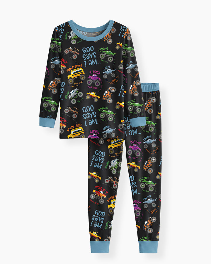 God Says I Am Monster Truck Bamboo Two Piece Long Sleeve Pajama Set