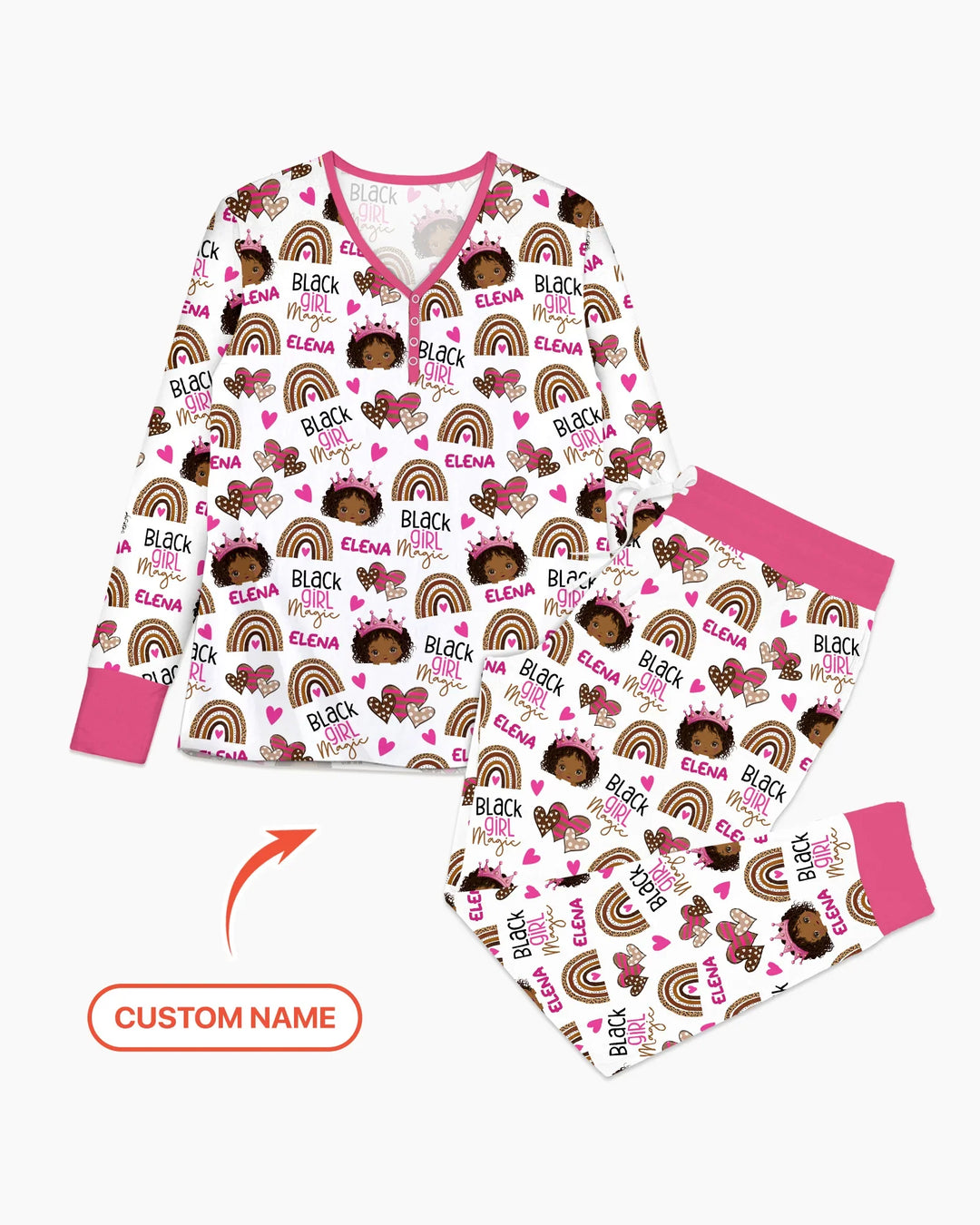 Personalisierbares Name Black Girl Magic Pyjama Set aus Bambus für Frauen